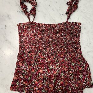 ba&sh Floral Smocked Camisole - Red and Pink